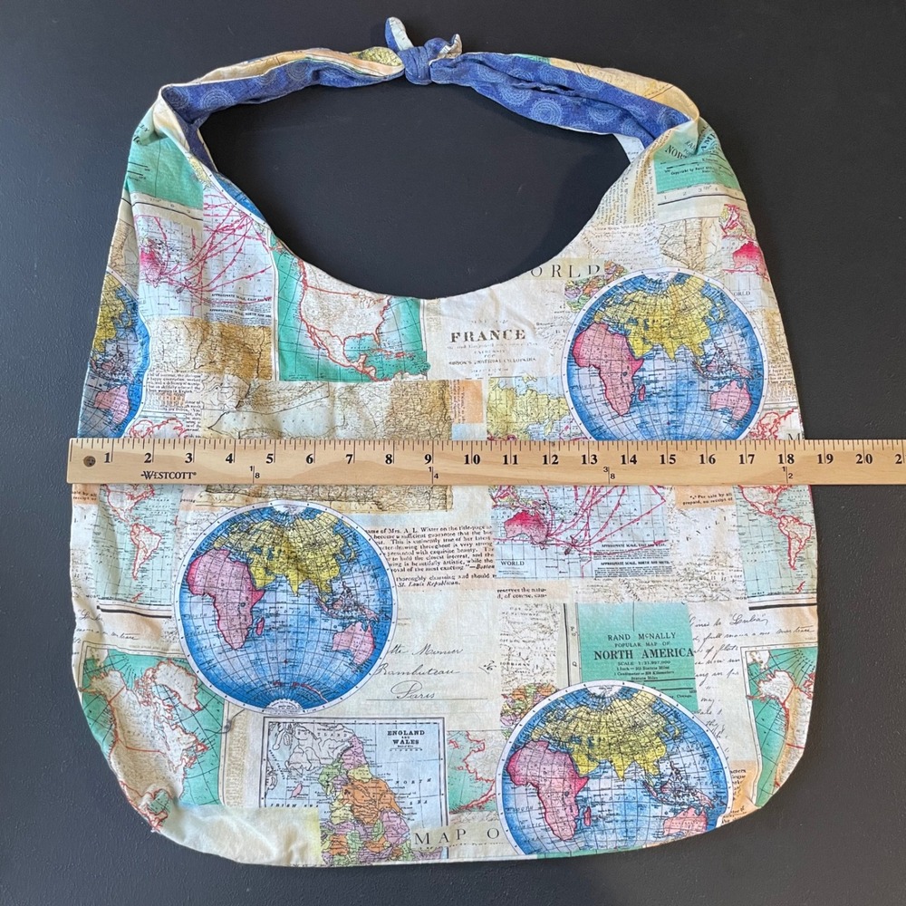 Handmade Tote Bag World Map Globe Travel Print Tie Top Shoulder Bag Boho Novelty - Picture 4 of 7